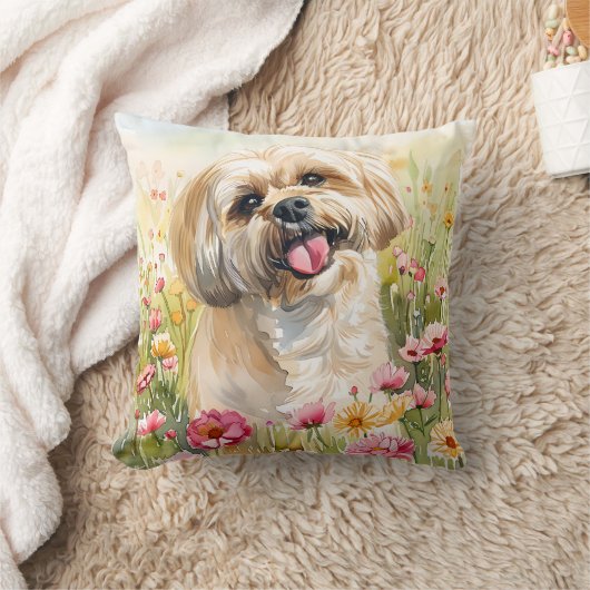 Lhasa Apso Watercolor Throw Pillow クッション (ブランケット)
