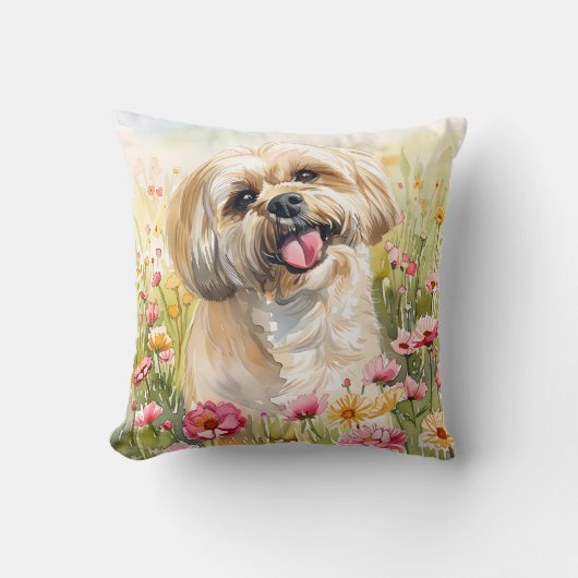 Lhasa Apso Watercolor Throw Pillow クッション (正面)