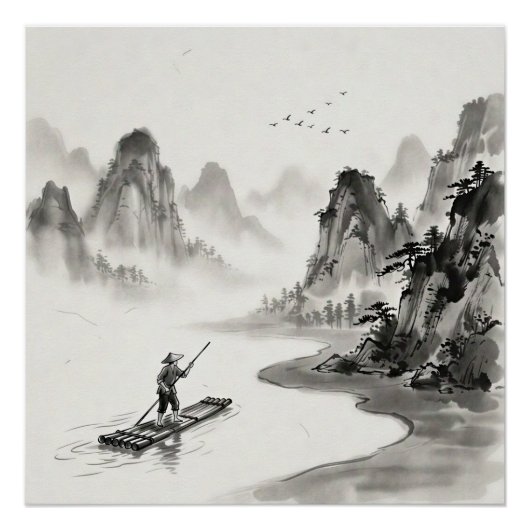 Li River China Ink Wash Landscape ポスター (正面)
