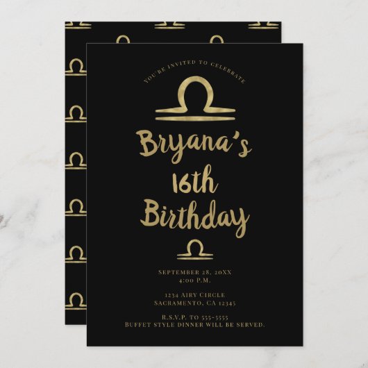 LIBRA金ゴールド9月10月誕生日占星術 招待状 (正面/裏面)