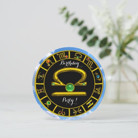 LIBRA金ゴールド〔占星術の〕十二宮図誕生日ジュエル、星占い図 招待状 (スタンド正面)