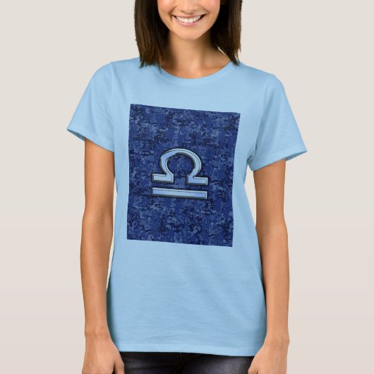 Libra〔占星術の〕十二宮図サインオンブルーデジタルカモフラージュ Tシャツ (正面)