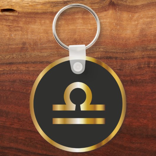 Libra〔占星術の〕十二宮図サイン、ブラック&金ゴールドキーチェーン キーホルダー (正面)