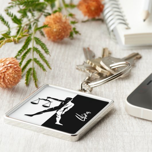 Libra〔占星術の〕十二宮図サイン、白黒キーチェーン キーホルダー (側面)