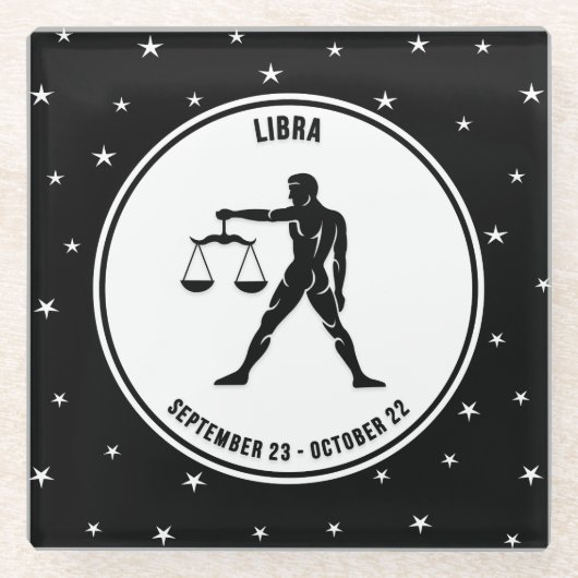 Libra〔占星術の〕十二宮図サイン、Black & White Glass Coaster ガラスコースター (正面)