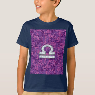 Libra〔占星術の〕十二宮図モダンシンボル明るい赤紫色デジタル迷彩柄 Tシャツ