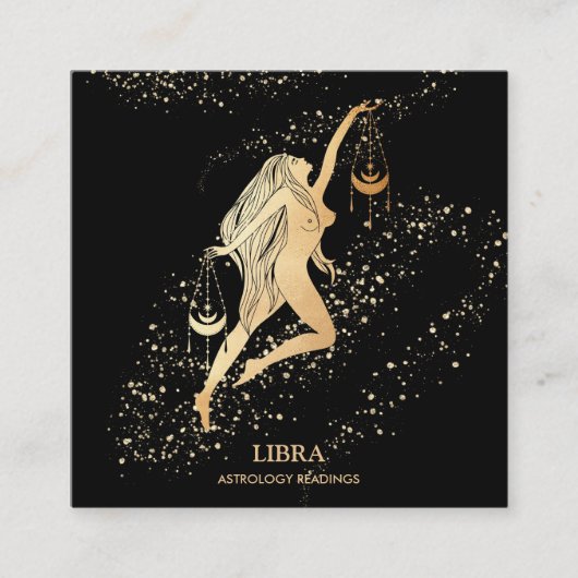*~* LIBRA〔占星術の〕十二宮図占星術の読み取り金ゴールドと黒 スクエア名刺 (正面)