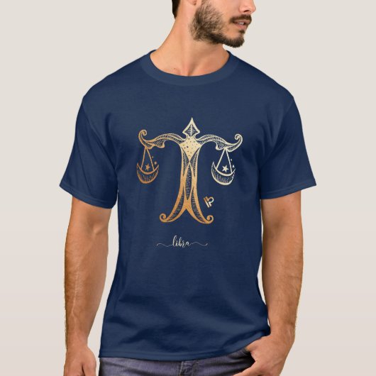Libra〔占星術の〕十二宮図金ゴールドモノクログラフィックTシャツ Tシャツ (正面)