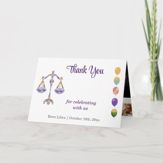Libra 1st Birthday Gold & Photo Thank You サンキューカード (正面)