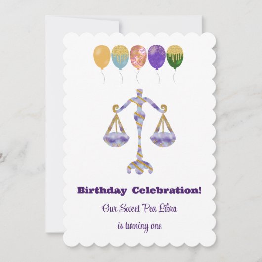 Libra 1st Birthday Impressionist Gold Glitte 招待状 (正面)