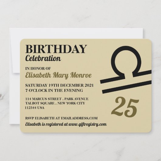 Libra, The,〔占星術の〕十二宮図スはかりで測ターのサイン，誕生日 招待状 (正面)