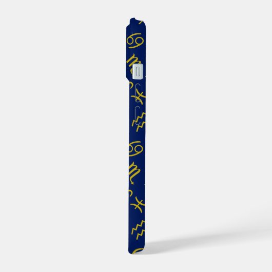 Libra Zodiac+Astrology Symbols Pattern Gold+Blues iPhone 15ケース (左側面)