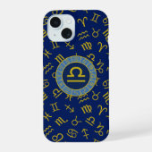 Libra Zodiac+Astrology Symbols Pattern Gold+Blues iPhone 15ケース (裏面)