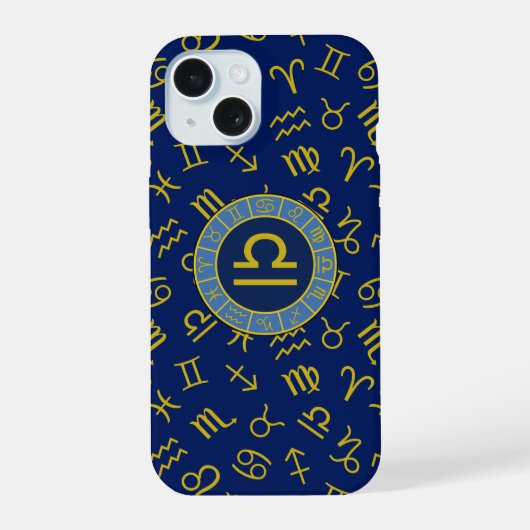Libra Zodiac+Astrology Symbols Pattern Gold+Blues iPhone 15ケース (裏面)