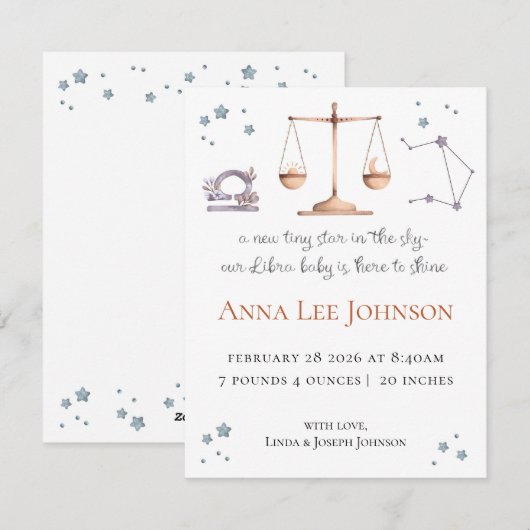 Libra Zodiac Birth Announcement シーズンカード (正面/裏面)