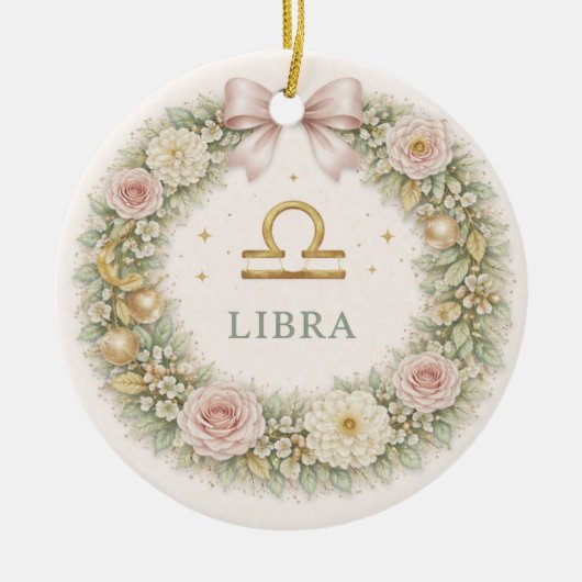 Libra Zodiac Christmas Ornament – Blush Floral Wre セラミックオーナメント (正面)