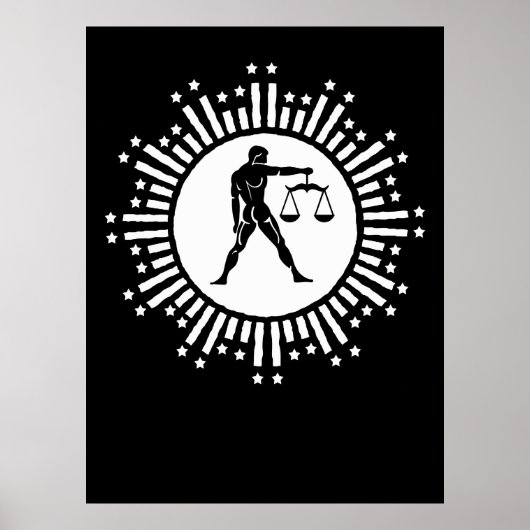 Libra Zodiac Symbol with Stars Black and White  ポスター (正面)