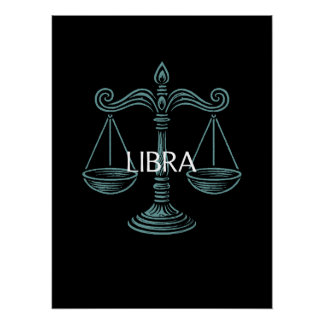 Libra Zodiac – Vintage Scales in Teal on Black ポスター