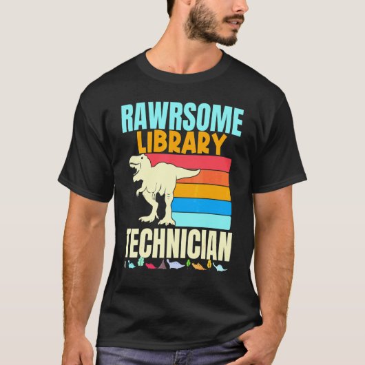 Librarian Awesome Library Technician Dinosaur Book Tシャツ (正面)