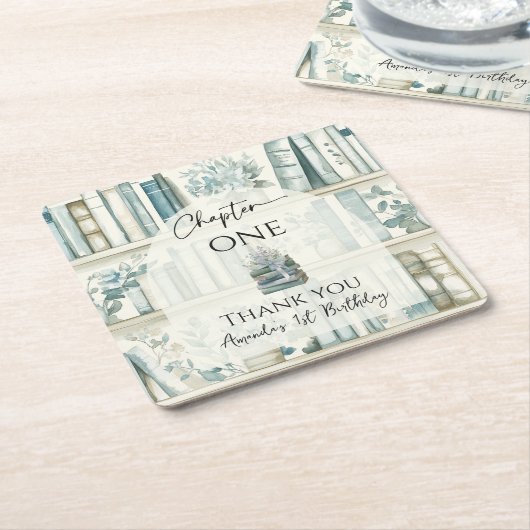 Library Chapter ONE Blue Boy Book 1st Birthday スクエアペーパーコースター (アングル)