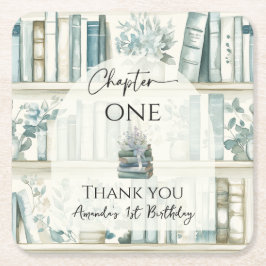 Library Chapter ONE Blue Boy Book 1st Birthday スクエアペーパーコースター