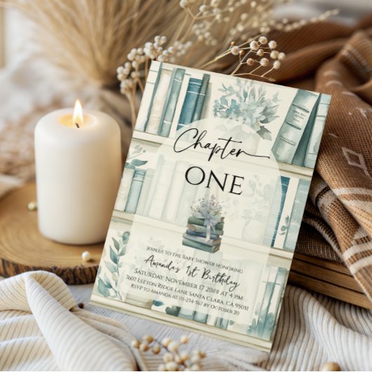 Library Chapter ONE Blue Boy Book 1st Birthday 招待状