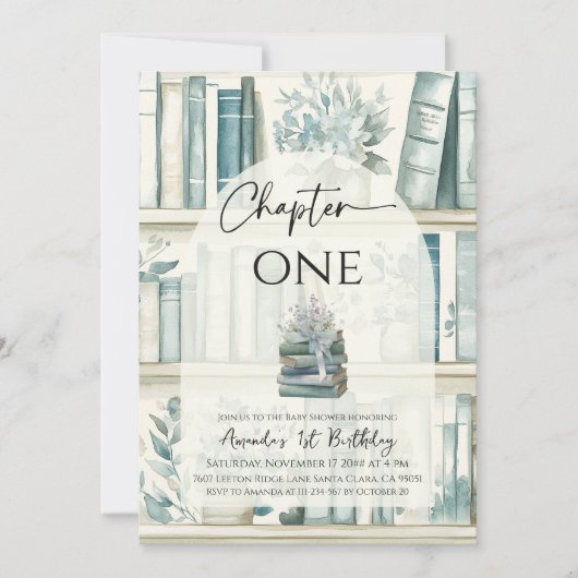 Library Chapter ONE Blue Boy Book 1st Birthday 招待状 (正面)