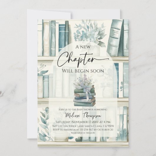 Library New Chapter Blue Boy Book Baby Shower 招待状 (正面)