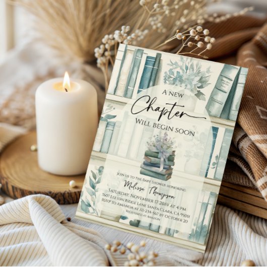 Library New Chapter Blue Boy Book Baby Shower 招待状