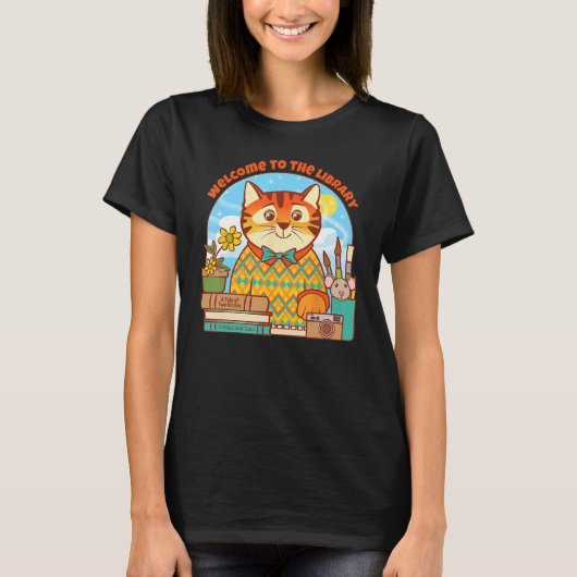 Library Welcome Tiger Cat and Mouse Tシャツ (正面)