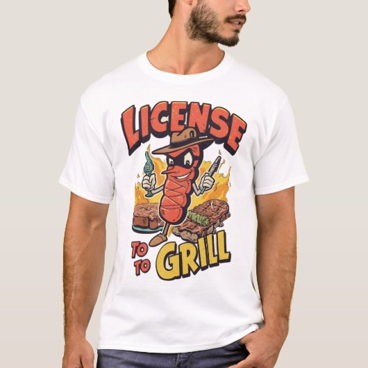 License to Grill Funny BBQ Pun Parody Tシャツ (正面)