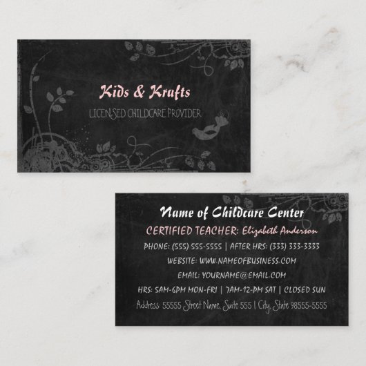 Licensed Childcare ProviderかわいいフローラBlackboard 名刺 (正面/裏面)