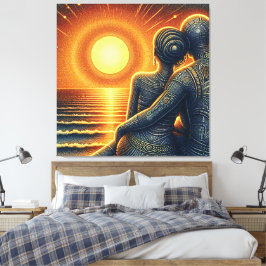 Liebespaar bei Sonnen Untergang am Meer キャンバスプリント