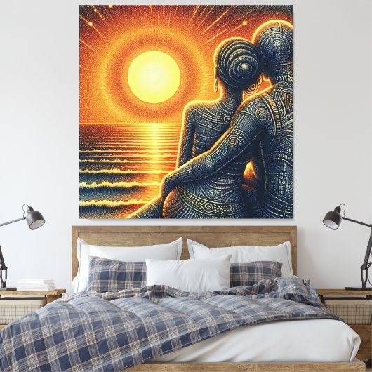 Liebespaar bei Sonnen Untergang am Meer キャンバスプリント (インサイチュ (寝室))