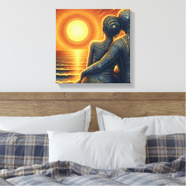 Liebespaar bei Sonnen Untergang am Meer キャンバスプリント