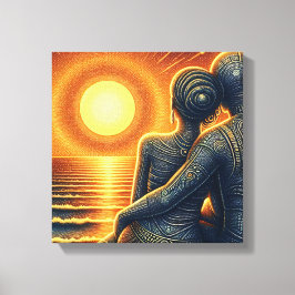 Liebespaar bei Sonnen Untergang am Meer キャンバスプリント