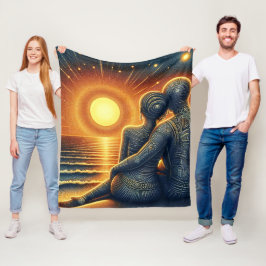 Liebespaar bei Sonnen Untergang am Meer フリースブランケット