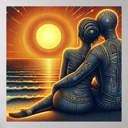 Liebespaar bei Sonnen Untergang am Meer ポスター (正面)