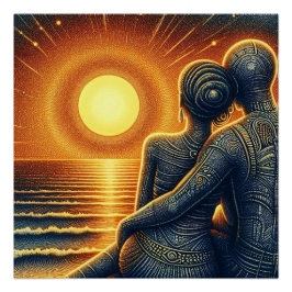 Liebespaar bei Sonnen Untergang am Meer ポスター