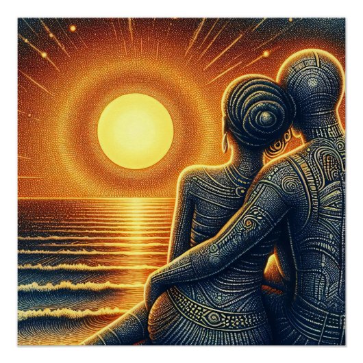 Liebespaar bei Sonnen Untergang am Meer ポスター (正面)