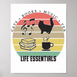 Life Essentials猫、紅茶、本、音楽ヴィンテージ ポスター