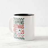 Life Happens Christmas Music Helps Funny Retro  ツートーンマグカップ (正面左)