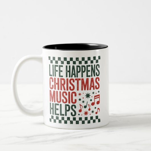 Life Happens Christmas Music Helps Funny Retro  ツートーンマグカップ (左)