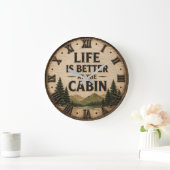 Life Is Better at the Cabin Mountain Lake House ラージ壁時計 (ホーム)