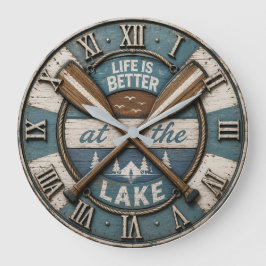 Life Is Better at the Lake Paddle Cabin Lodge ラージ壁時計