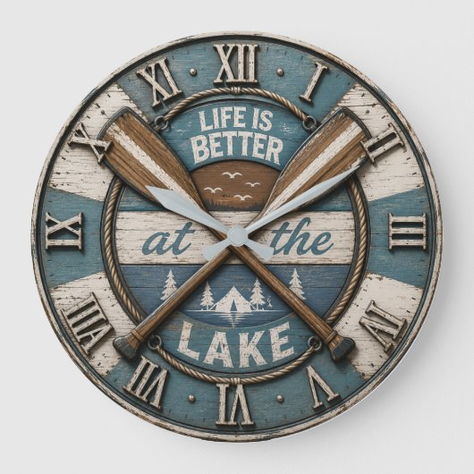 Life Is Better at the Lake Paddle Cabin Lodge ラージ壁時計 (正面)