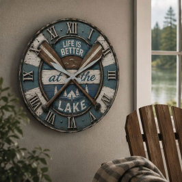 Life Is Better at the Lake Paddle Cabin Lodge ラージ壁時計