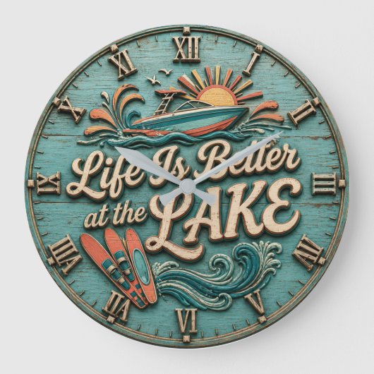 Life Is Better at the Lake Speedboat Lake House ラージ壁時計 (正面)