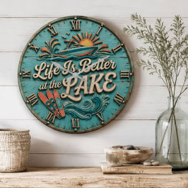 Life Is Better at the Lake Speedboat  Lake House  ラージ壁時計