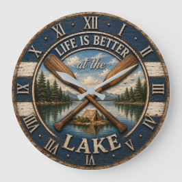 Life Is Better at the Mountain Lake Cabin ラージ壁時計